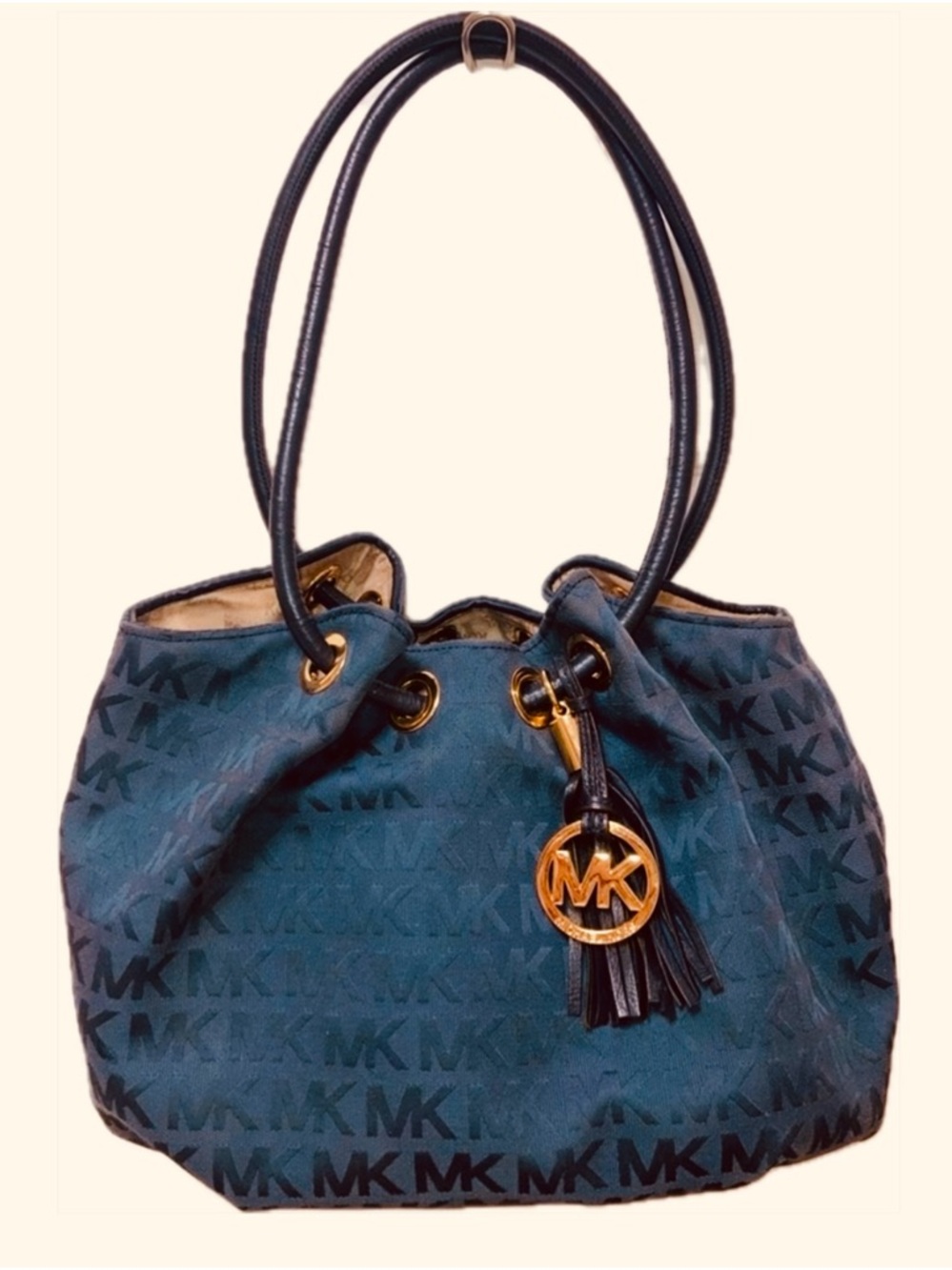Michael Kors East West Ring Tote MK Logo Hobo Shoulder Bag in Dark Blue EUC - Picture 1 of 15